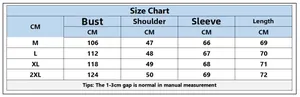 Detailed size chart for men's kangaroo hoodie showing bust and shoulder measurements