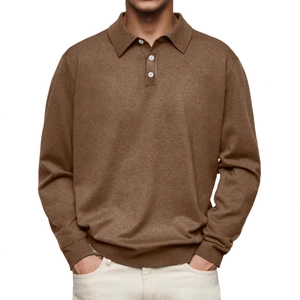 Men's brown long sleeve polo shirt with classic knit texture and three-button collar