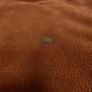 Men's half-zip fleece sweatshirt in brown with a vintage 'Fashion' metal plaque detail
