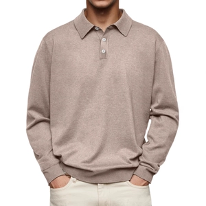 Men's slim fit taupe long sleeve polo shirt with textured knit and three pearl buttons