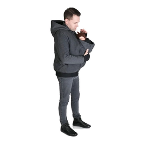 Men's dark gray multifunctional kangaroo hoodie with baby carrier pouch and thumbhole cuffs