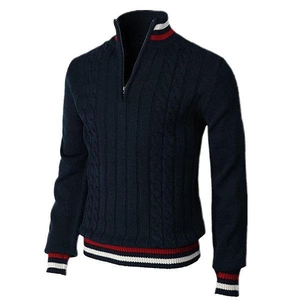 Men's navy blue cable-knit sweater with half-zip collar and red-white striped trim