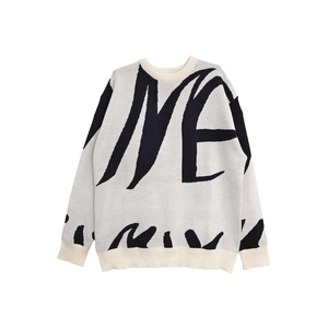 Men's crew neck knitted sweater with black abstract letter patterns and ribbed edges