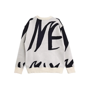 Men's crewneck knit sweater featuring black letter jacquard design and ribbed cuffs