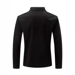 Back view of a classic black long-sleeve polo shirt with a stylish turn-down collar