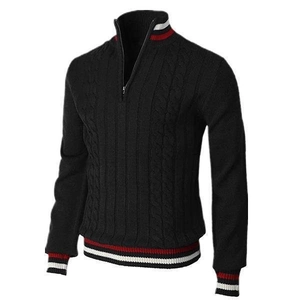Slim fit black cable-knit sweater with 1/4 zip collar and red-white striped trims