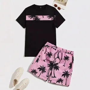 Ensemble d'été pour hommes avec t-shirt et short à cordon, motif de cocotier tropical