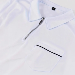 Men's long sleeve white polo shirt with silver zipper collar and black trimmed chest pocket