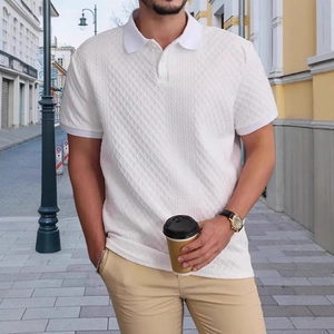 Men's premium white short sleeve Polo shirt with textured diamond knit pattern fabric