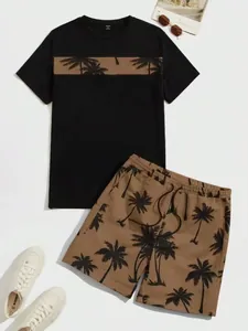Vue à plat du t-shirt imprimé cocotiers et du short à cordon pour homme avec accessoires d'été