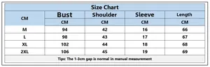 Tabella delle taglie per t-shirt a marsupio da uomo con misure dettagliate in cm
