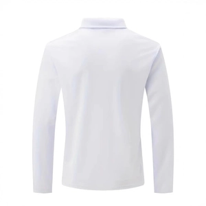 Back view of a plain white long-sleeved polo shirt with a classic collar design