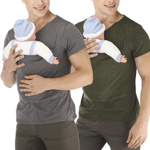 Maglietta da Uomo con Tasca a Canguro Porta Bebè Funzionale Scollo a V Misto Cotone Manica Corta Casual per Papà