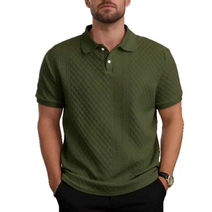 Men's dark green jacquard knit polo shirt with short sleeves and buttoned collar