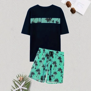 Ensemble Homme Été Décontracté Imprimé Cocotier Tropical T-Shirt Haut Et Short À Cordon Deux Pièces Vacances Plage