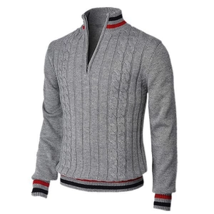 Men's grey cable knit sweater with quarter zipper and red-black striped trim detail