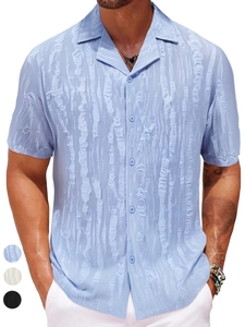 Close-up of men's Cuban collar shirt with unique vertical torn texture in light blue