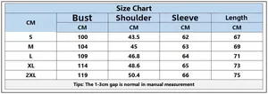 Detailed size chart for men's turtleneck sweater showing S to 2XL measurements in CM