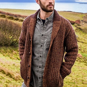 Slim fit men's knitted cardigan in orange-brown mixed yarn with large ribbed collar