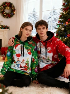 Matching Christmas hoodies for couples featuring festive Santa Claus and snowman patterns