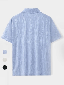 Detailed back view of men's Cuban collar shirt showing vertical frayed fabric texture