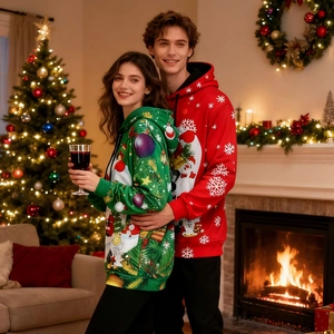 Detailed full-print Christmas hoodie showing festive patterns by the fireplace