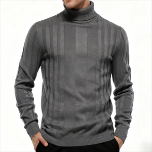 Men's grey turtleneck knitted sweater with vertical stripe texture for casual autumn wear