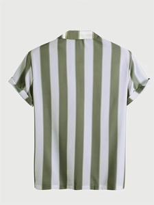 Back view of a green and white striped short-sleeve shirt with rolled cuffs and premium fabric