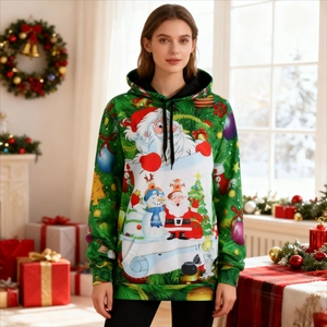 Detailed view of festive Christmas hoodie with Santa and snowman print in home setting