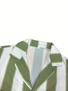 Close-up of green and white vertical striped short sleeve shirt collar with size L tag
