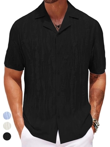 Detail of men's black short-sleeve Cuban collar shirt with vertical stripe texture fabric