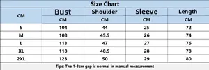 Detailed size chart for men's polo shirt showing bust, shoulder, and length measurements