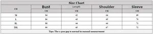 Detailed size chart for men's knit sweater with measurements in CM for M to 2XL sizes
