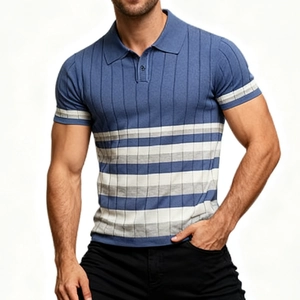 Detail of blue knit polo shirt featuring vertical texture and striped sleeve cuffs