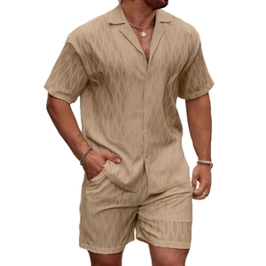 Men's summer 2-piece leisure set with sand grey wavy jacquard shirt and shorts