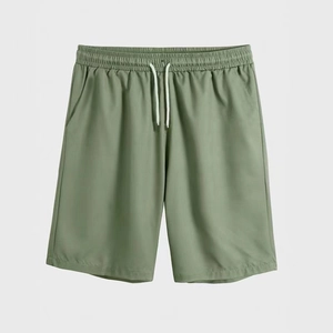 Men's summer casual two-piece beach set with striped short sleeve shirt and olive shorts