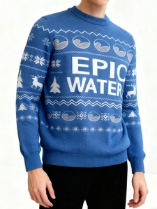 Detail of Christmas knit sweater featuring white reindeer patterns and Epic Water text logo
