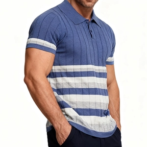 Detail of blue and grey striped polo shirt with ribbed knit texture and buttoned collar