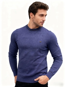 Close-up of crew neck knitwear with striped trim and metal plaque detail