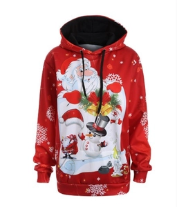 Detail of Christmas hoodie sleeve with black drawstring and festive digital prints