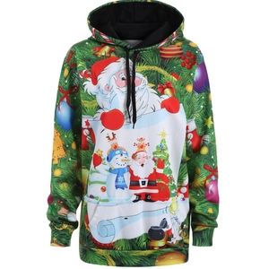 Detail of Christmas digital print on green hoodie featuring Santa Claus and snowman motifs