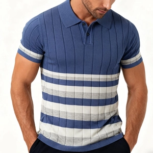 Detail view of men's blue knit Polo shirt showing the ribbed texture and striped pattern