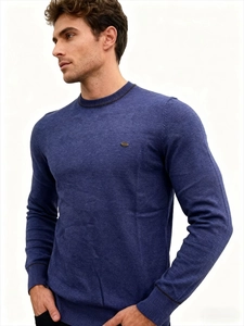 Detail of blue crewneck sweater featuring ribbed collar and metallic chest emblem