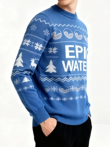 Blue Christmas knit sweater featuring white snowflake and reindeer patterns with Epic Water text