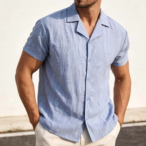 Men's Cuban Collar Short Sleeve Shirt Cotton Blend Textured Distressed Button Down Casual Summer Beach Top For Men