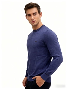 Detail of navy knit sweater with contrast trim on crew neck and a small metallic logo