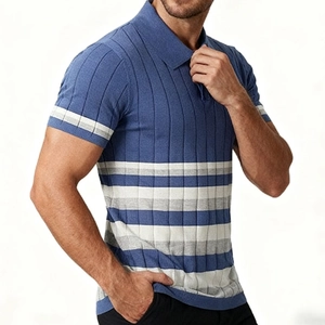 Detail of blue knitted polo shirt with textured vertical ribs and striped belly pattern