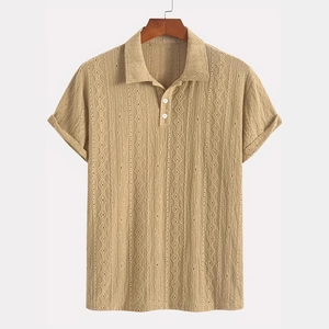Polo en Tricot Ajouré pour Hommes avec Texture Géométrique Manches Courtes Respirant Haut d'Été Décontracté Style Mode Urbaine