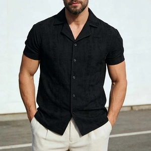 Men's black Cuban collar short sleeve shirt featuring textured jacquard fabric