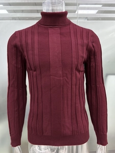 Detail of burgundy ribbed turtleneck sweater with fine knit texture and slim fit design
